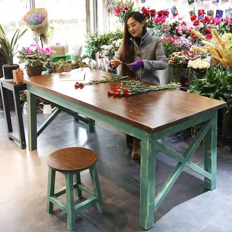 实店木桌子快餐椅子组合餐桌饮花店艺F76T7MTT术包花工台作复古彩