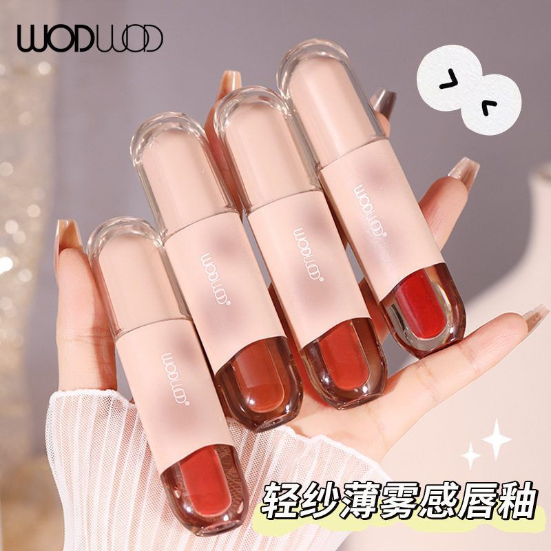 彩妆WODWOD轻纱薄雾感唇釉丝绒雾面哑光伪素颜显白灰粉色口红批发