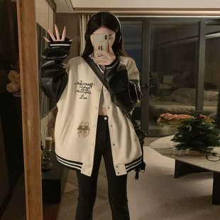 美式复古重磅刺绣棒球服外套女秋冬季爆款翻领刺绣情侣款立领夹克