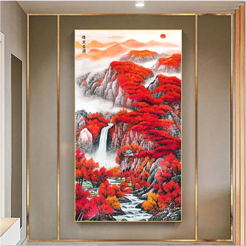人工绣好的十字绣成品p鸿运当头流水生财新款客厅玄关竖版风景挂