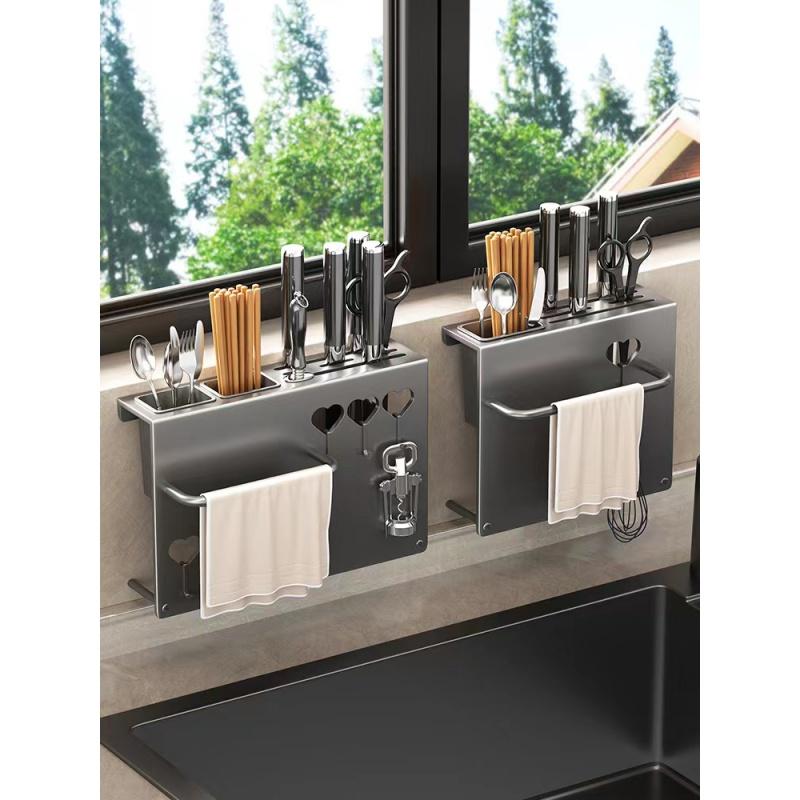 爆款厨房置物架免打孔壁挂式刀架筷筒刀具勺子砧板一体多功能收纳