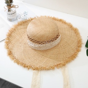 日本品質寬檐毛邊編織草帽遮陽帽夏天女平頂漁夫帽海邊度假太陽帽