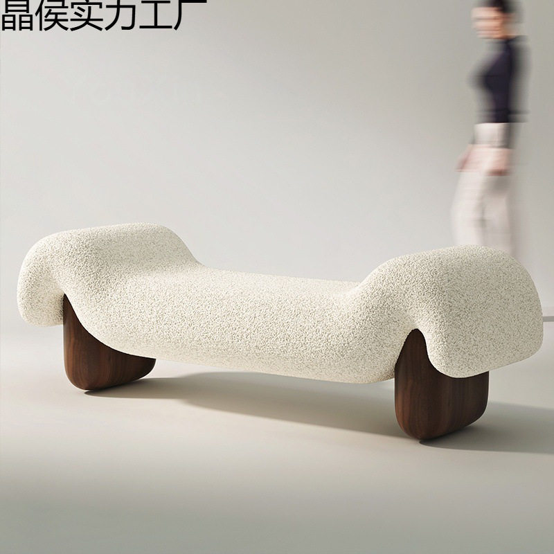 实木风极简小户型颗粒绒换鞋凳