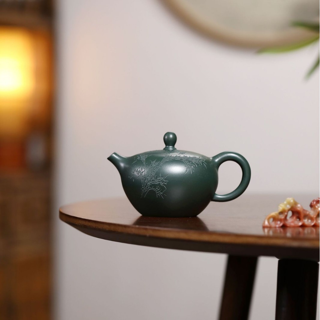 宜兴韵莲紫砂壶泡茶壶茶具茶道文玩茶器名家纯手工刻绘原矿墨绿泥