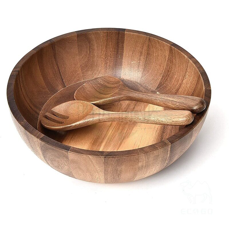 厂家批发竹木手工制作圆形水果面条沙拉碗 相思木蔬菜水果沙拉碗