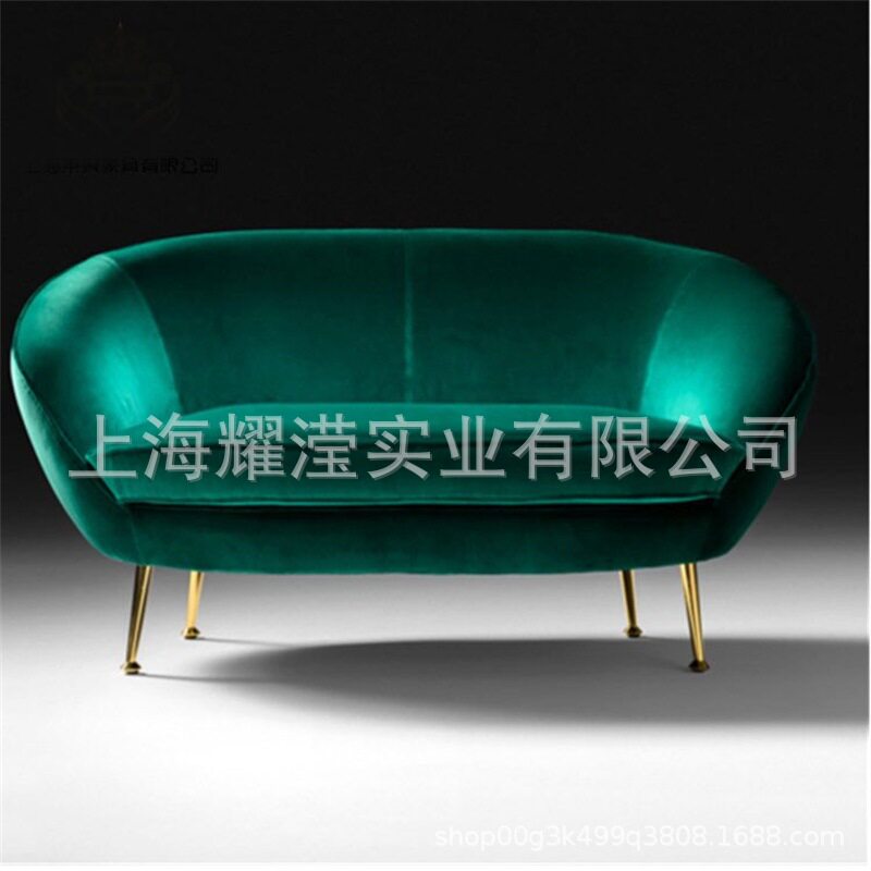 北欧墨绿色丝绒布艺三人沙发定制家具不锈钢休闲会所时尚接待沙发