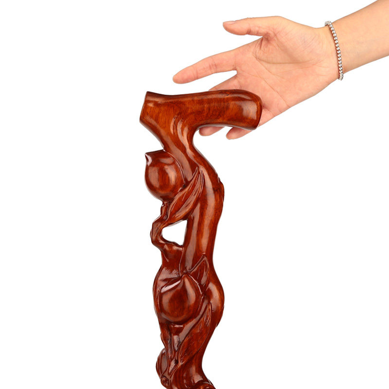 速发红木拐杖 实滑雕刻老人手杖寿桃祝寿 花梨木防老年木头质木拐