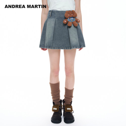 ANDREA MARTIN2026秋新款复古毛绒小狗女渐变高腰A字百褶牛仔短裙