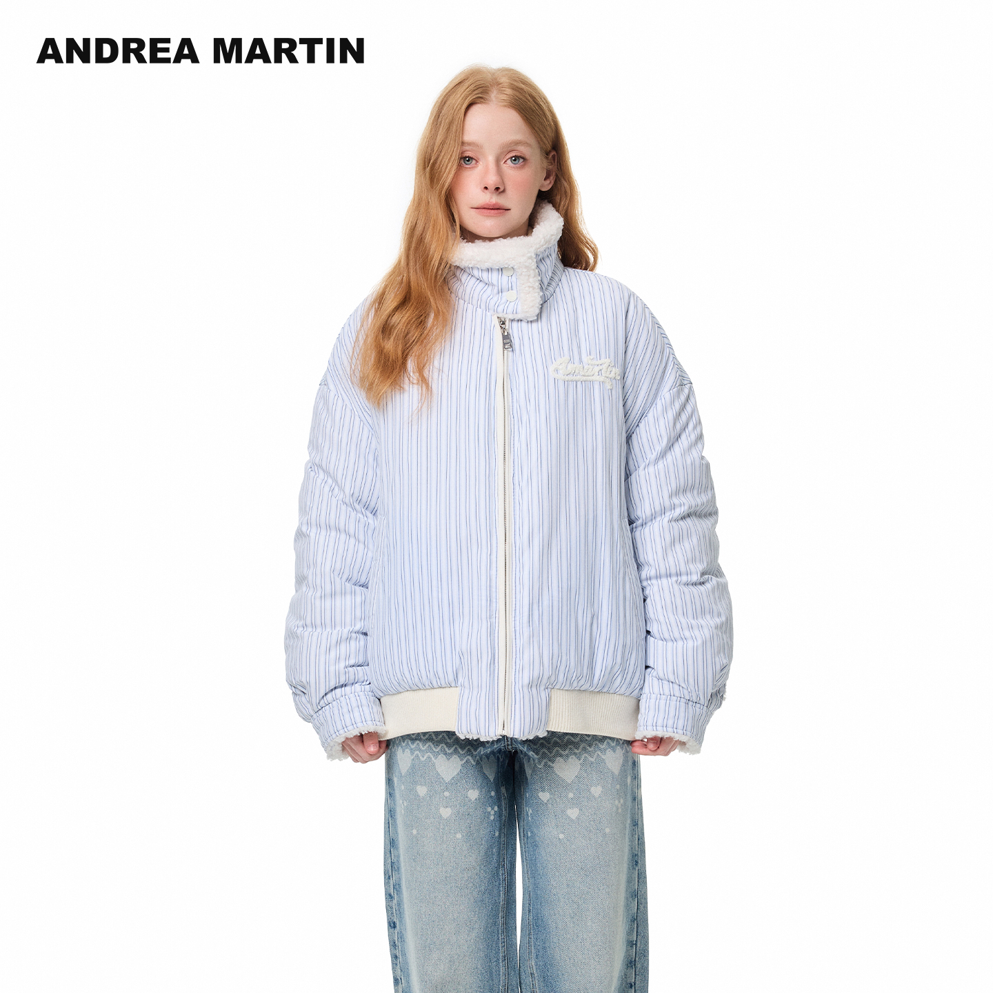 ANDREA MARTIN2025秋冬新款双面穿立领宽松拼接女保暖羽绒服外套