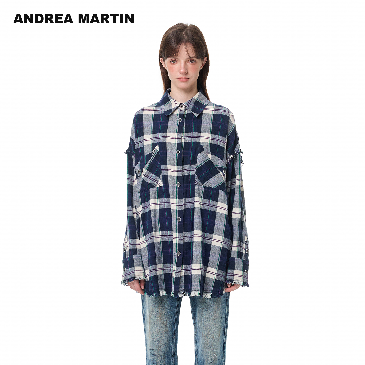 ANDREA MARTIN2025秋冬新品格纹拼接毛边衬衫宽松休闲男女同款