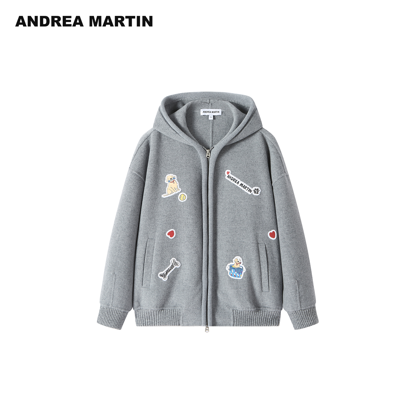 ANDREA MARTIN25秋冬新品趣味刺绣贴布连帽宽松休闲保暖卫衣外套