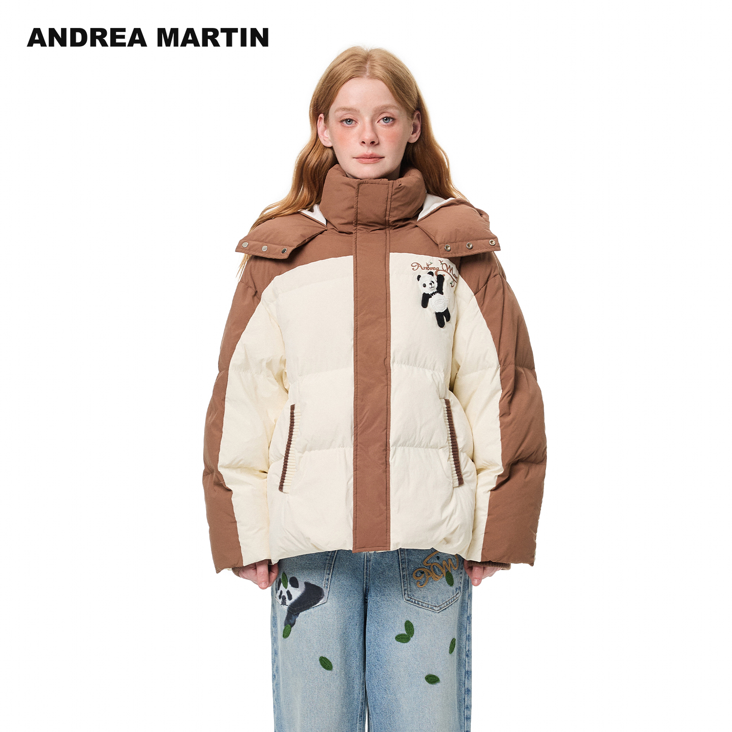 ANDREA MARTIN2025冬新款立体熊猫短连帽羽绒服男女拼接保暖外套