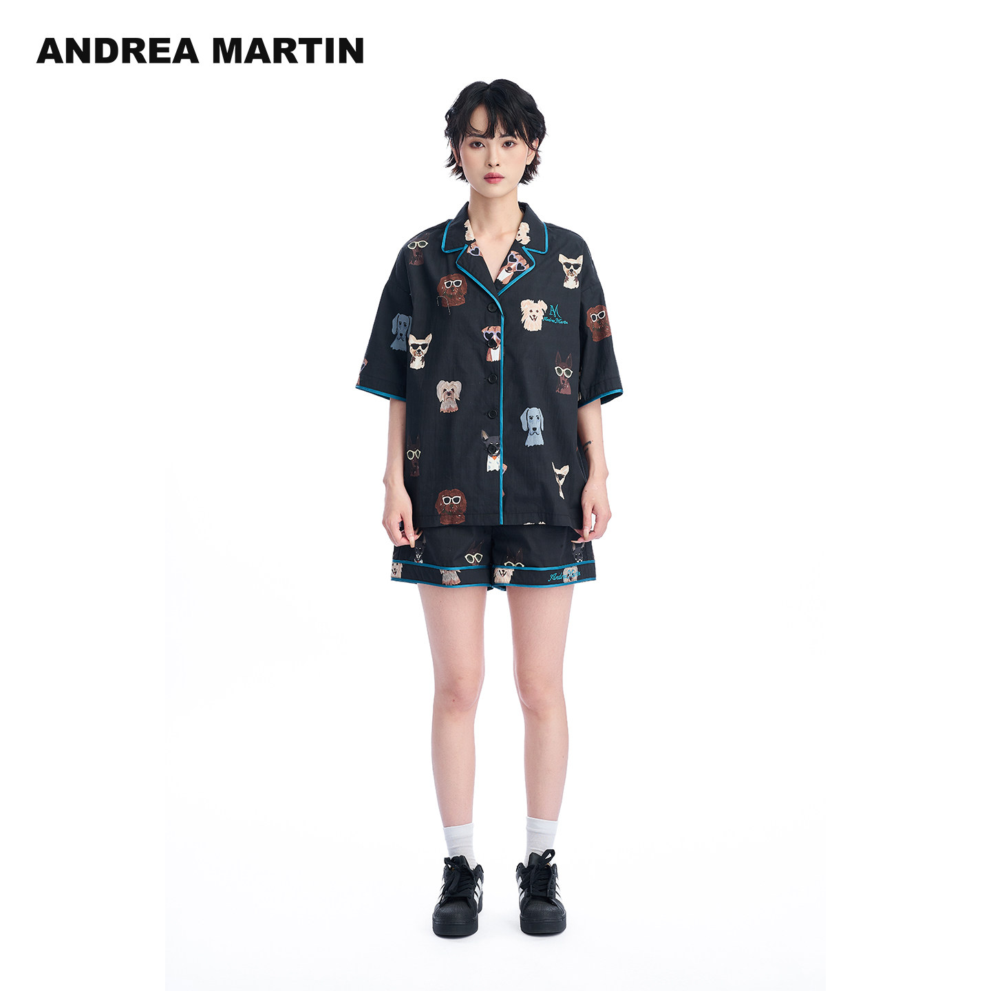 严选ANDREA MARTIN 2026夏新款黑色小狗印花短袖衬衫短裤睡衣套装