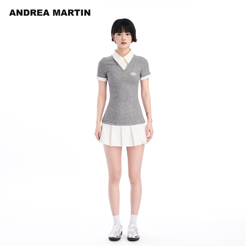 ANDREA MARTIN2025夏季新款假两件衬衫连衣裙女针织拼接百褶裙子