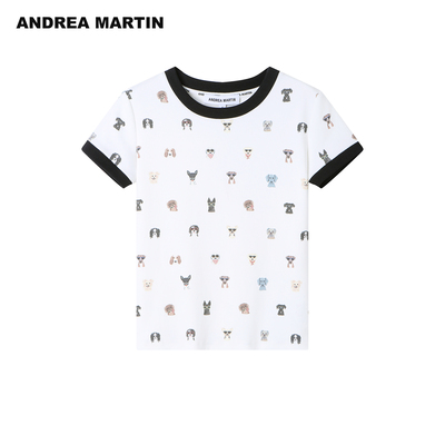 严选ANDREA MARTIN【韩雨彤同款】2026夏新款小狗满印短袖修身T恤