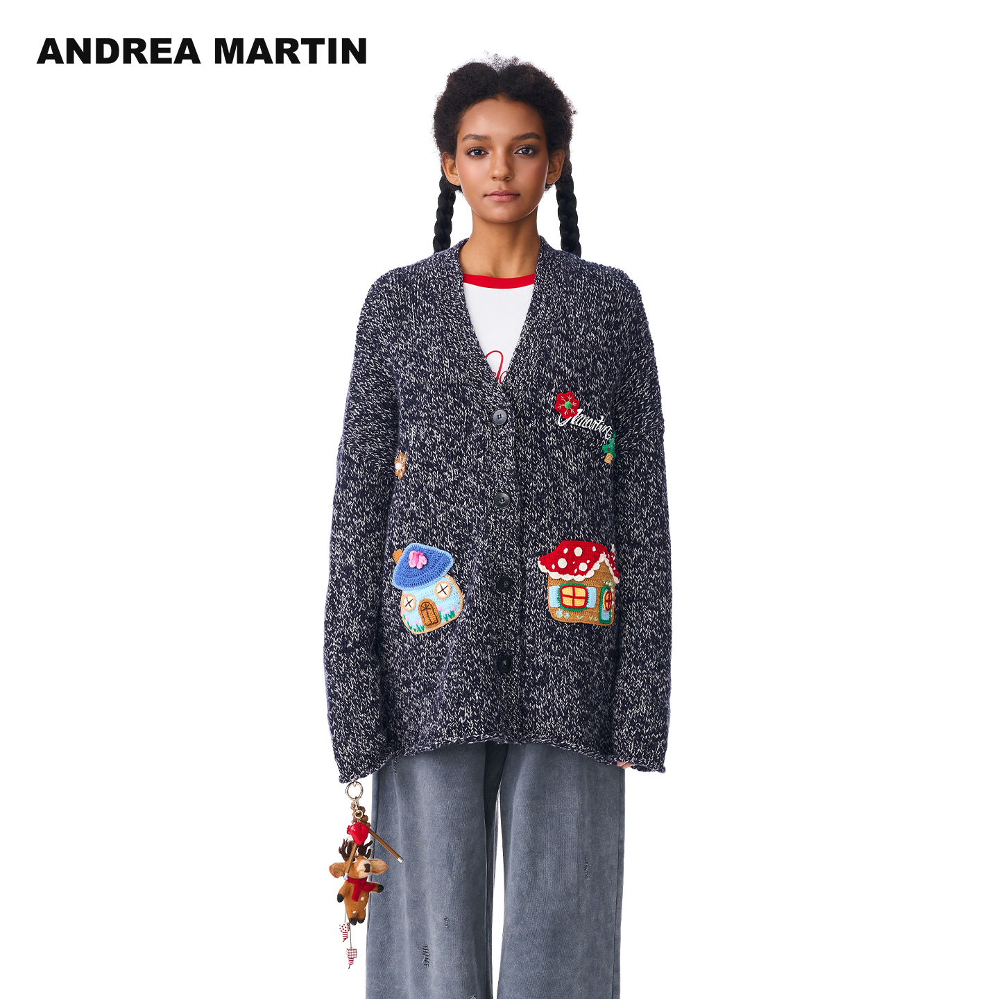 ANDREA MARTIN2025秋冬新品花纱趣味钩织毛衣开衫女V领针织衫外套