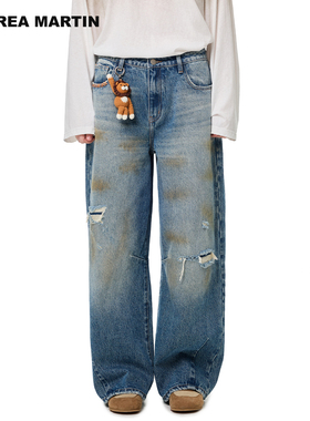ANDREA MARTIN秋冬新品小狮子蓝色水洗做旧破洞宽松牛仔裤男女
