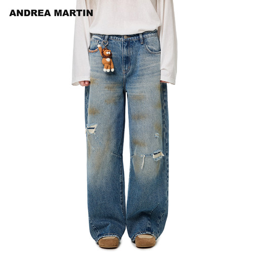 ANDREA MARTIN秋冬新品小狮子蓝色水洗做旧破洞宽松牛仔裤男女