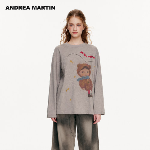 ANDREA MARTIN2026冬新款小熊娃娃印花爱心女宽松拼接休闲长袖T恤