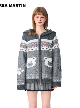 ANDREA MARTIN秋冬新款费尔岛小熊提花针织连帽开衫保暖毛衣