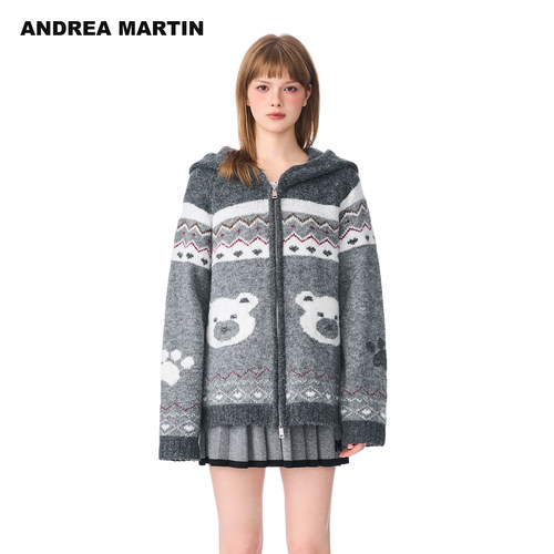 ANDREA MARTIN秋冬新款费尔岛小熊提花针织连帽开衫保暖毛衣
