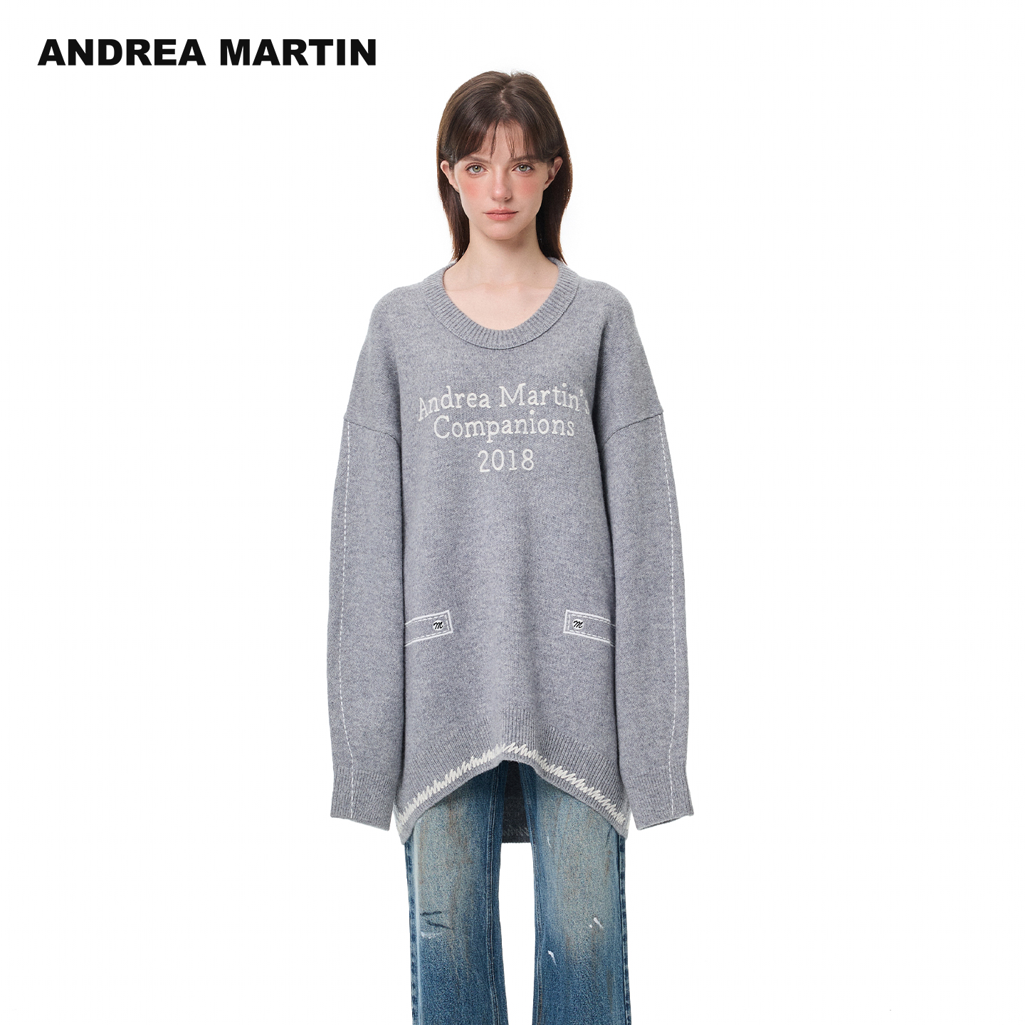 ANDREA MARTIN2025秋冬新品字母刺绣圆领毛衣男女宽松百搭针织衫