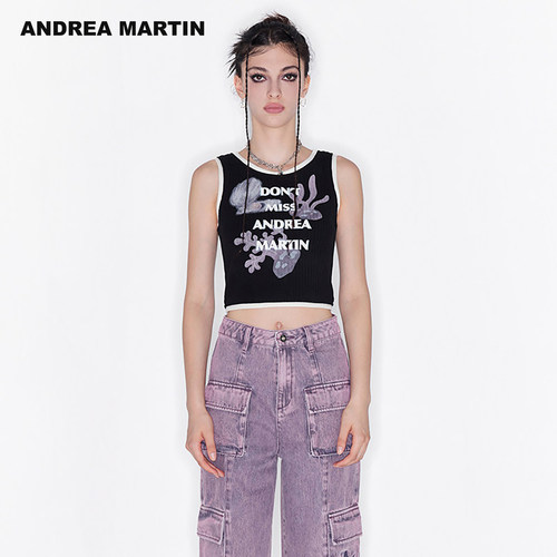 【乔一鱼同款】ANDREAMARTIN2026夏新款立体logo海洋印花吊带背心