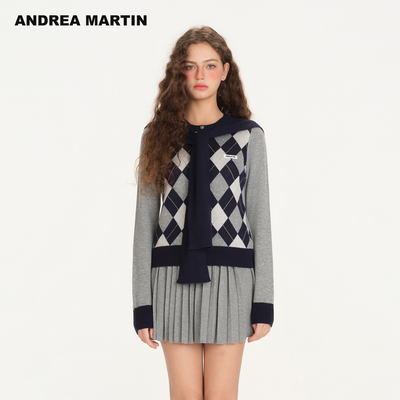 ANDREA MARTIN2026春季新款复古菱格针织开衫女学院风披肩上衣