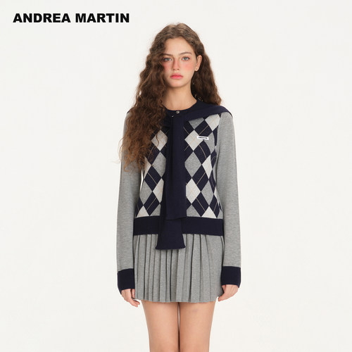 ANDREA MARTIN2026秋季新款复古菱格针织开衫女学院风披肩上衣