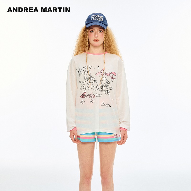 ANDREA MARTIN2025夏季新款长袖T恤女撞色圆领衫宽松上衣