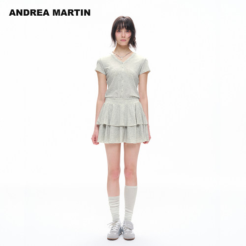 ANDREA MARTIN2026秋季新款灰色甜美烫钻V领收腰女短袖蛋糕连衣裙