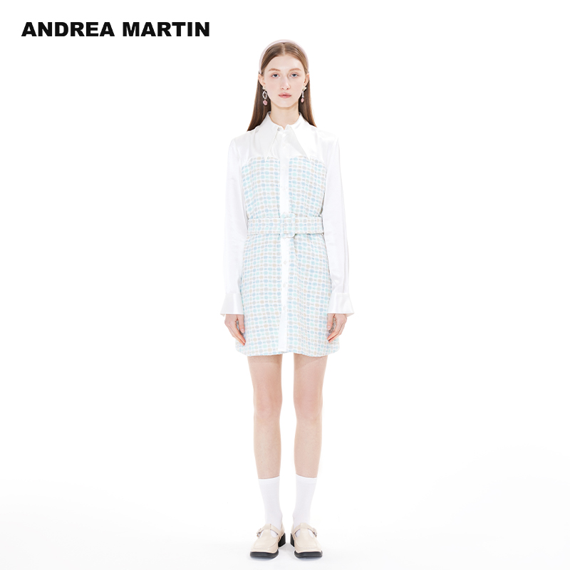ANDREA MARTIN2025新款连衣裙女长袖衬衫领蓝白格子拼接收腰裙子