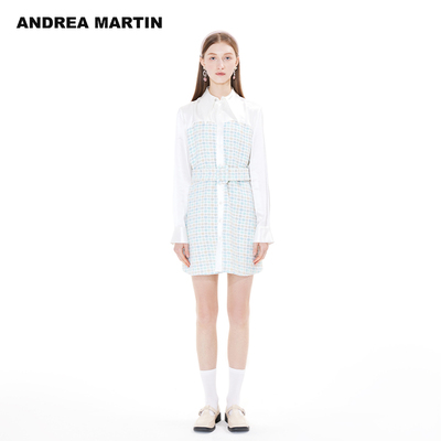ANDREA MARTIN新款连衣裙女长袖衬衫领蓝白格子拼接收腰裙子