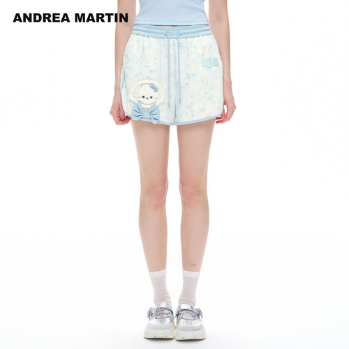 ANDREA MARTIN2026夏新款撞色晕染立体毛绒小熊蝴蝶结女休闲短裤