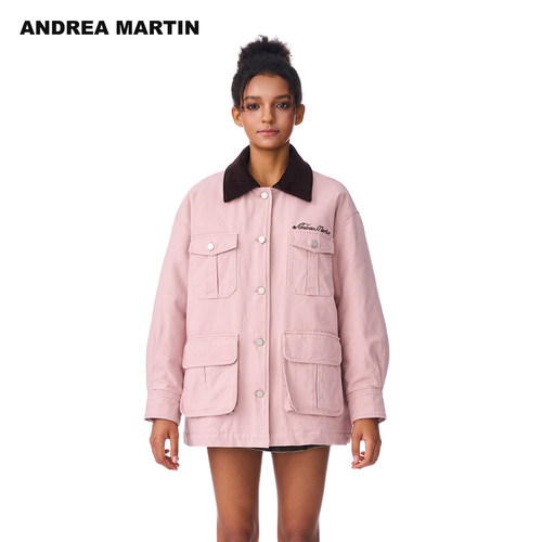 ANDREA MARTIN秋冬新款粉色工装水洗棉服女宽松保暖工装外套