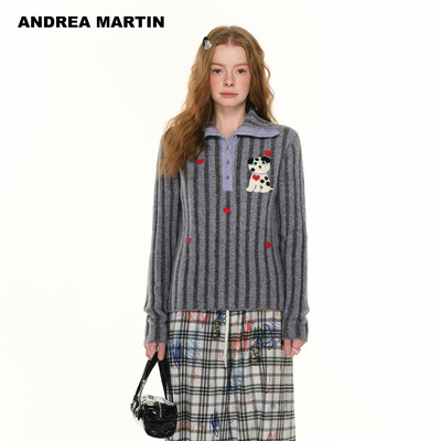 ANDREA MARTIN秋季新款羊毛动物钩织毛衣宽松翻领毛针织衫
