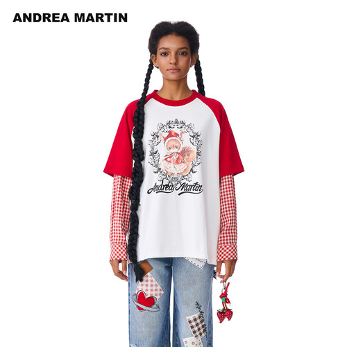 【丁程鑫张真源同款】ANDREA MARTIN 冬季新款假两件印花长袖T恤