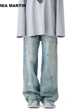 【左航明星男女同款】ANDREA MARTIN 秋新款破洞睡宽松牛仔裤