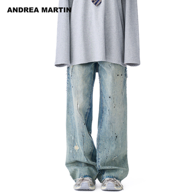 【左航明星男女同款】ANDREA MARTIN 秋新款破洞睡宽松牛仔裤