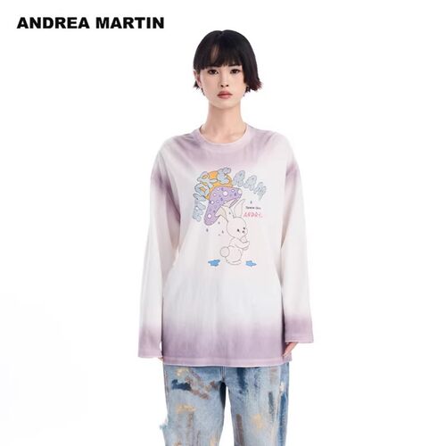 ANDREA MARTIN2026秋季新款渐变趣味印花宽松百搭女休闲长袖T恤