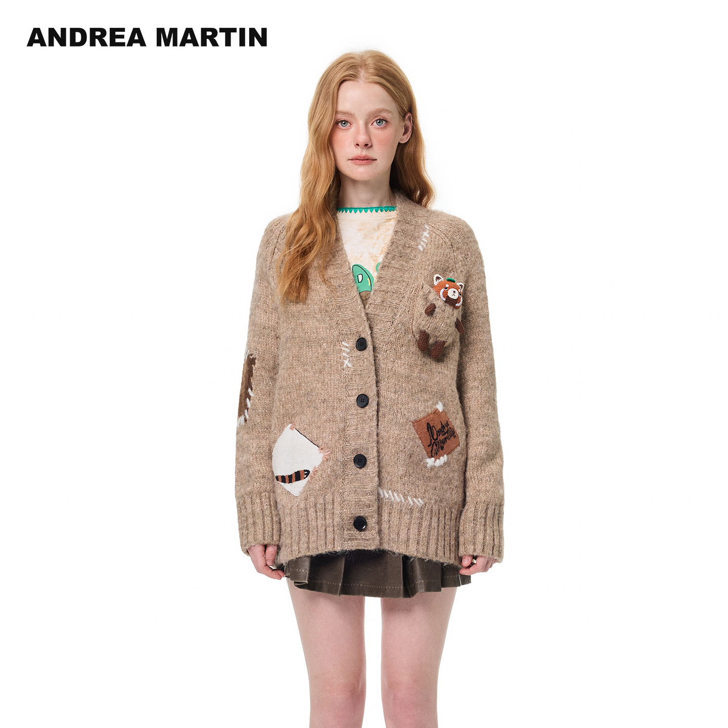 ANDREA MARTIN2025秋冬新款贴布刺绣针织开衫毛衣女保暖宽松外套