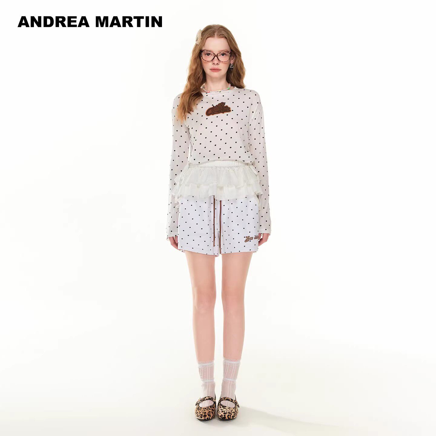 ANDREA MARTIN2026夏季新款白色波点圆领长袖T恤女木耳边拼接短裤