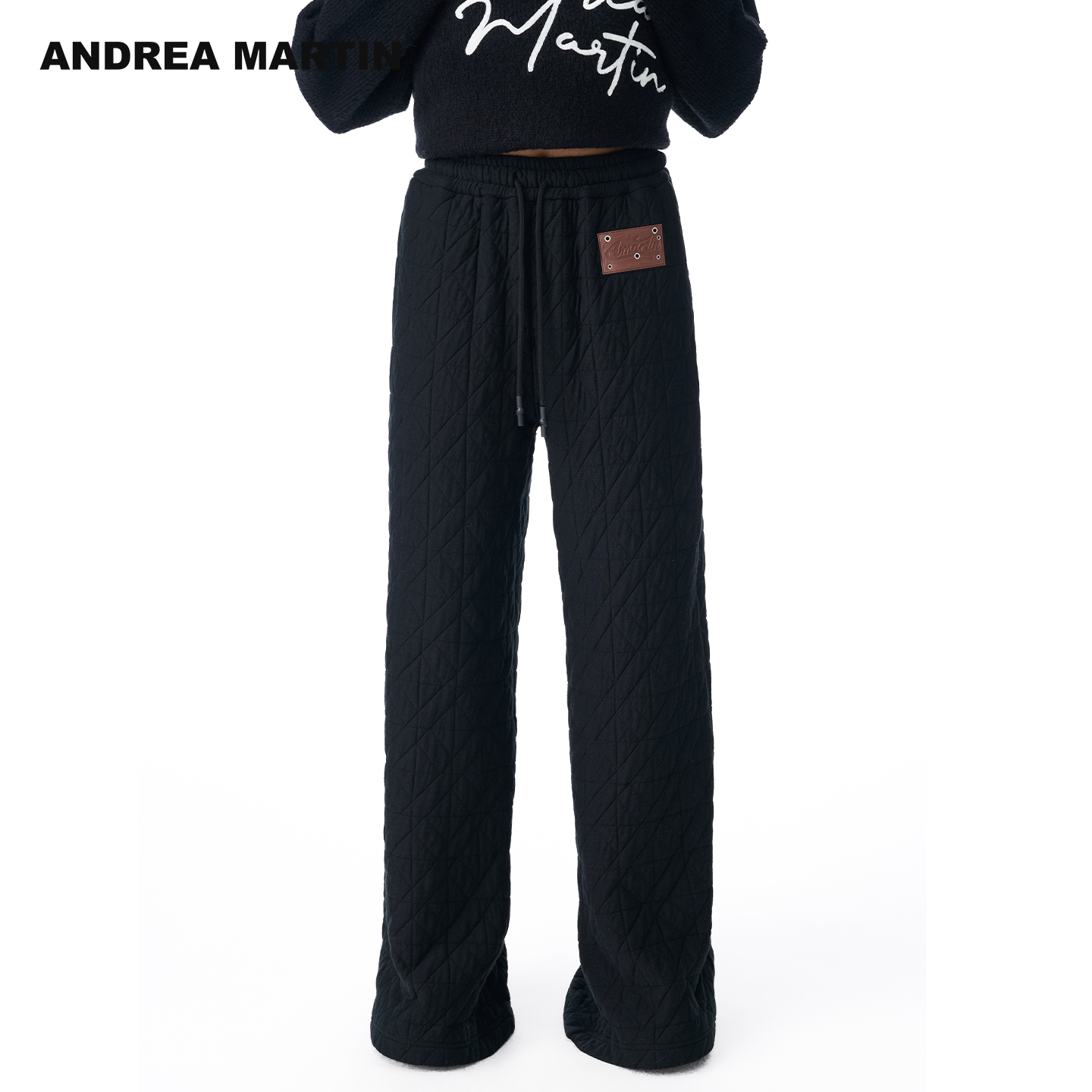ANDREA MARTIN2025秋冬新品菱形格纹棉裤女宽松休闲阔腿保暖长裤