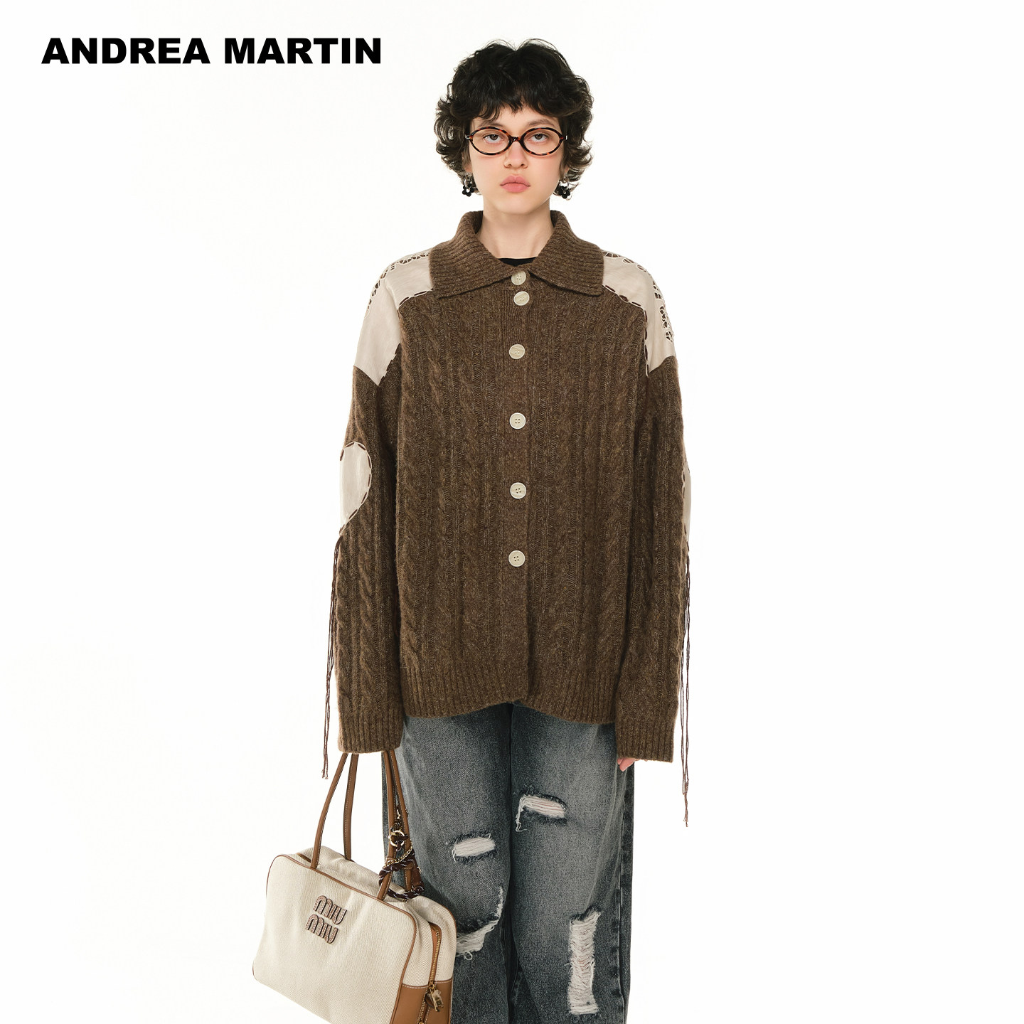 【刘耀文同款】ANDREA MARTIN秋冬新款羊毛拼接刺绣针织开衫