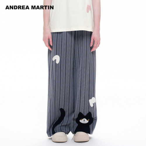 ANDREA MARTIN2026夏季新款萌趣猫咪贴布宽松A字百搭阔腿休闲长裤