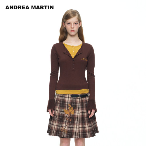 ANDREA MARTIN2026冬季新款假两件喇叭长袖女短收腰打底针织毛衫