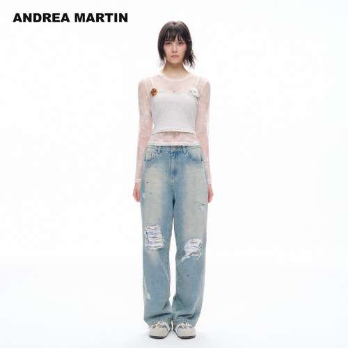 ANDREA MARTIN2026秋季新款真两件曲奇小狗吊带女短薄长袖蕾丝衫