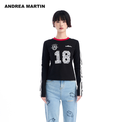 ANDREA MARTIN2025夏季新款长袖T恤女蕾丝刺绣修身显瘦短款上衣