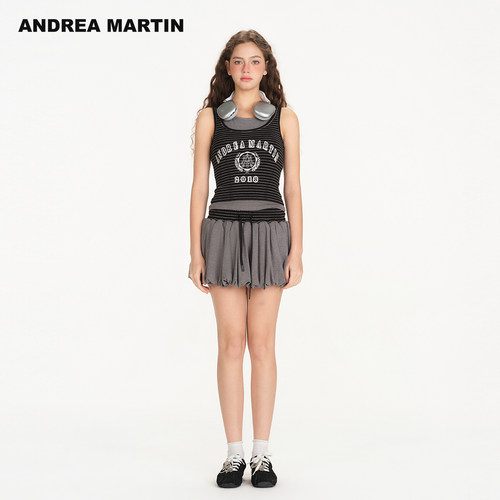 ANDREA MARTIN2026夏新款条纹假两件无袖女拼接印花修身运动背心