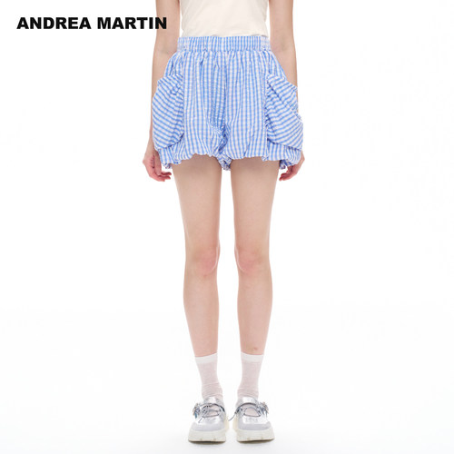 ANDREA MARTIN2026夏季新款复古休闲格纹抽褶蓬松口袋女花苞短裤